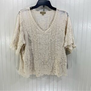 Democracy Ivory Embroidered Crochet Lace Top Boho Blouse Floral Victorian Size L